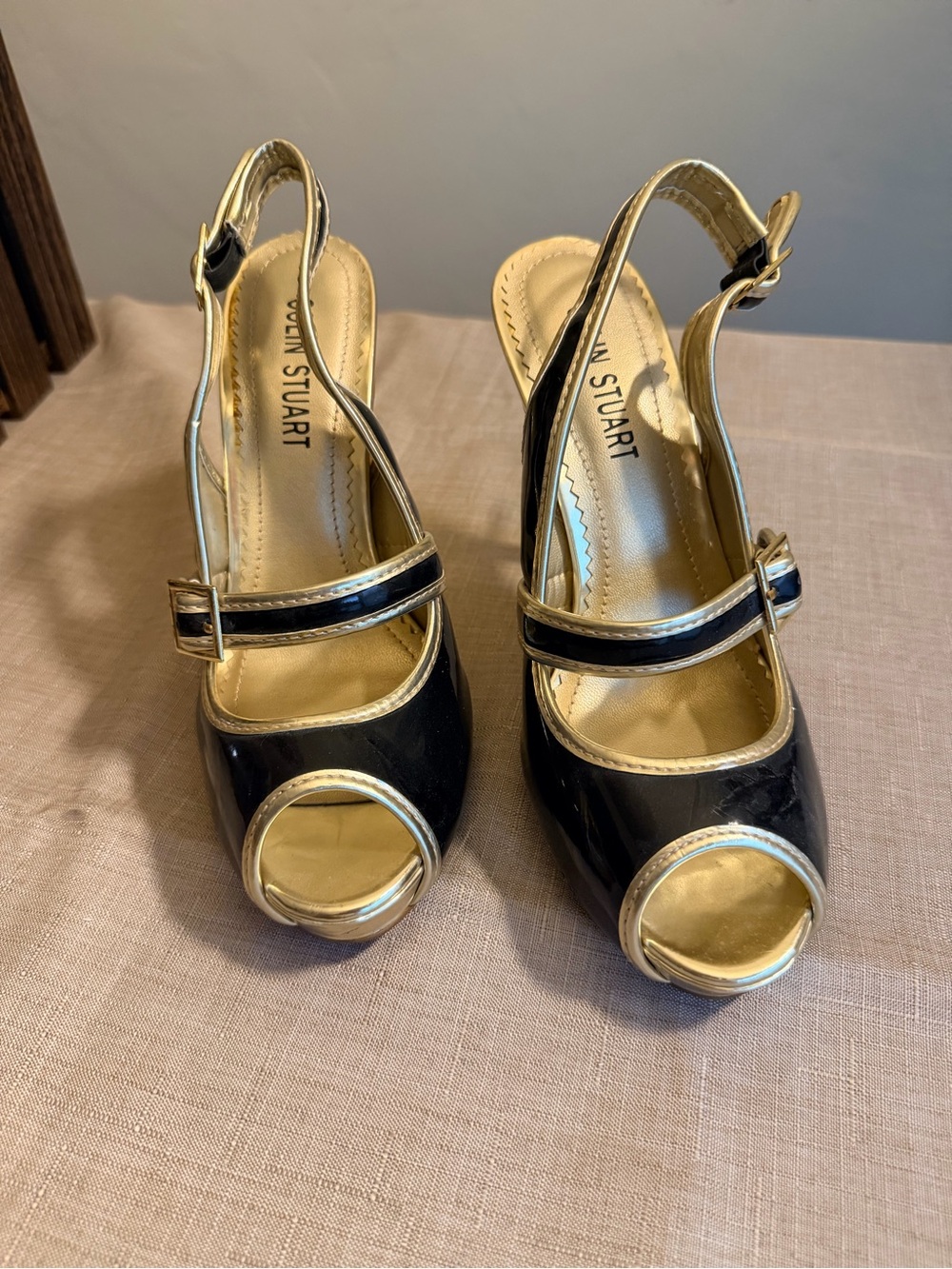 Colin Stuart Black Patent Peep-Toe Slingback Heels with Gold Accents